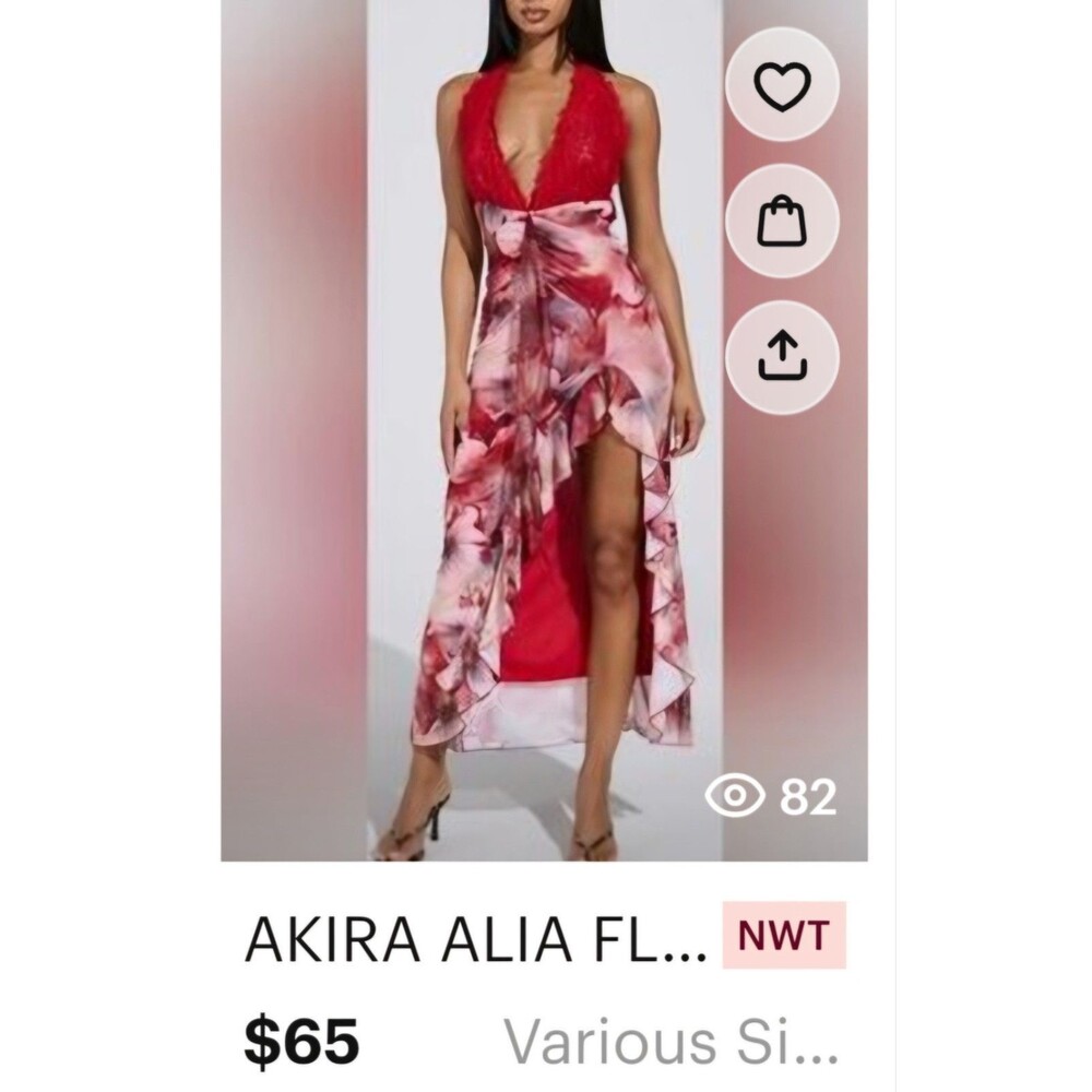 AKIRA Red Floral Maxi Dress V-Neck Sleeveless Lace Ruffle High Slit Formal